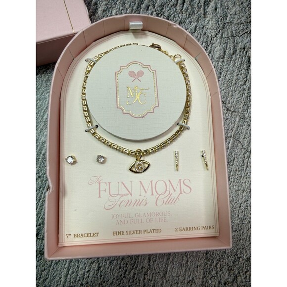 NIB The Fun Moms Tennis Club Evil Eye Bracelet 2 Earrings Set Silver Plated - Picture 2 of 9